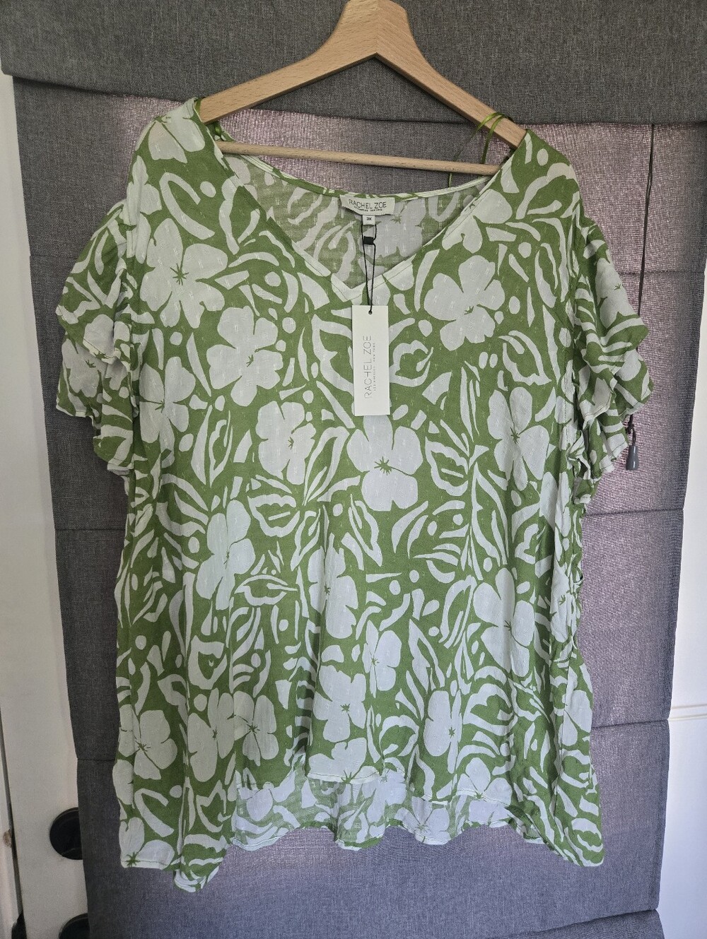 Rachel Zoe Shirt Womens 3X Floral Short Sleeve Blouse Green White Plus Size Top